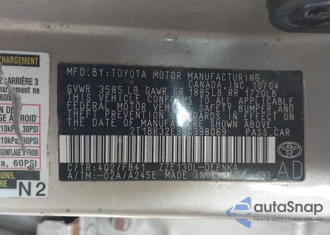 2005 Toyota Corolla Le из США, поврежденный, VIN 2T1BR32E95C398069